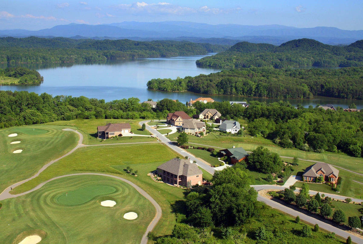 Aerial view of Tellico Lake, Kahite golf, and the Smoky Mountain foothills